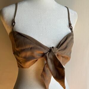 MAJORELLE | Light Brown Camel Linen Blend Tie Front Crop Top Bra Top Boho Small
